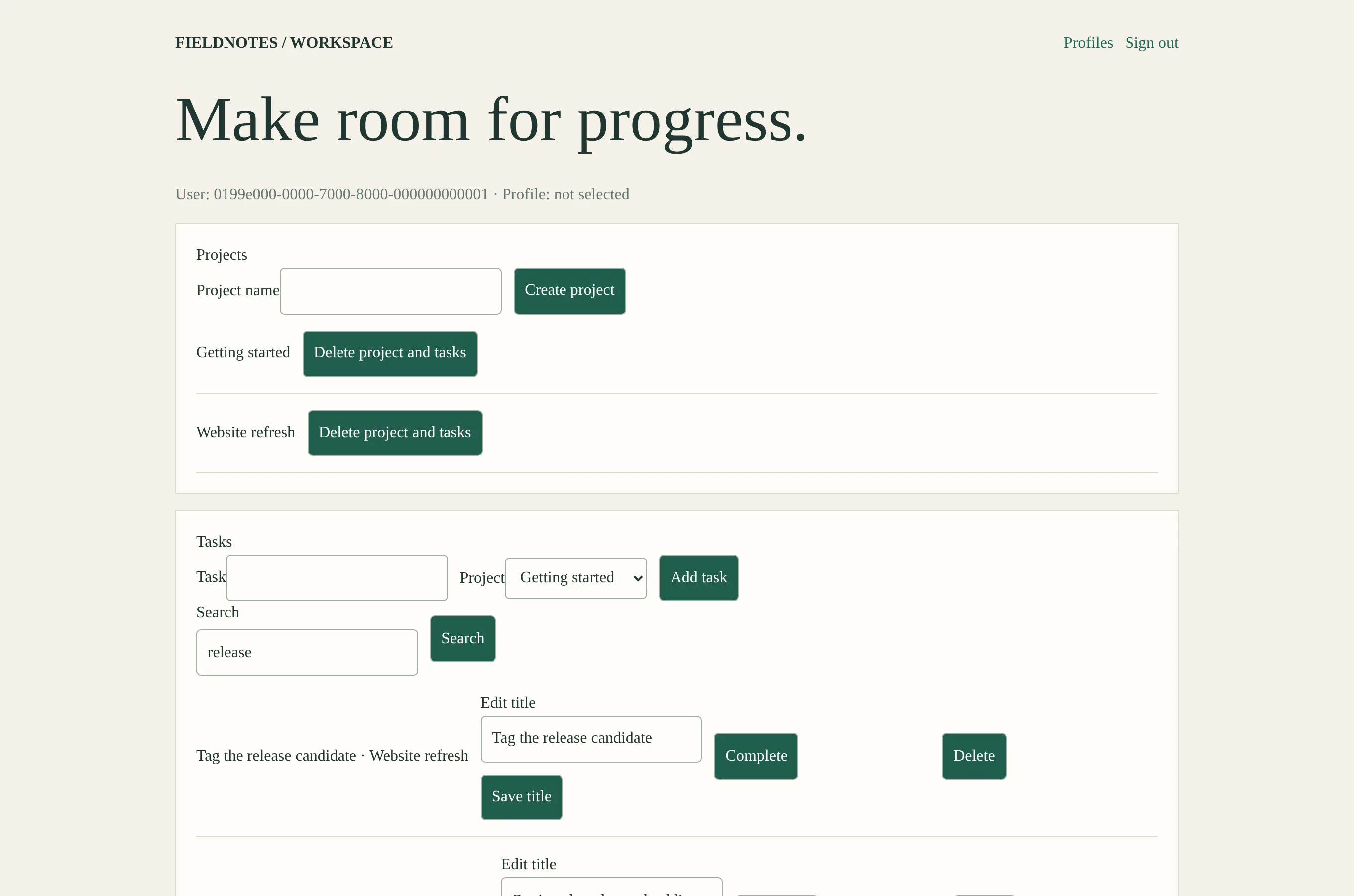 Project and task workspace